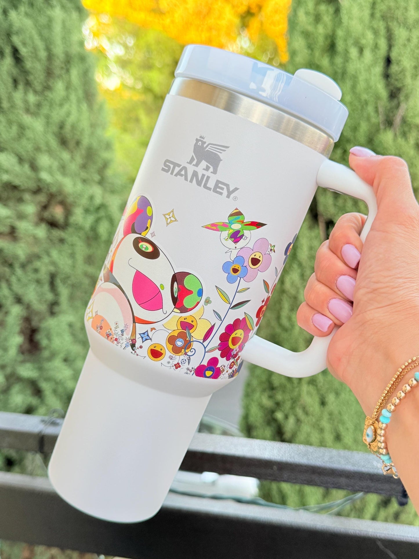 Takashi Murakami Floral Stanley Custom Tumbler 40oz – Limited Edition White Quencher Cup, Colorful Flowers Art Travel Mug