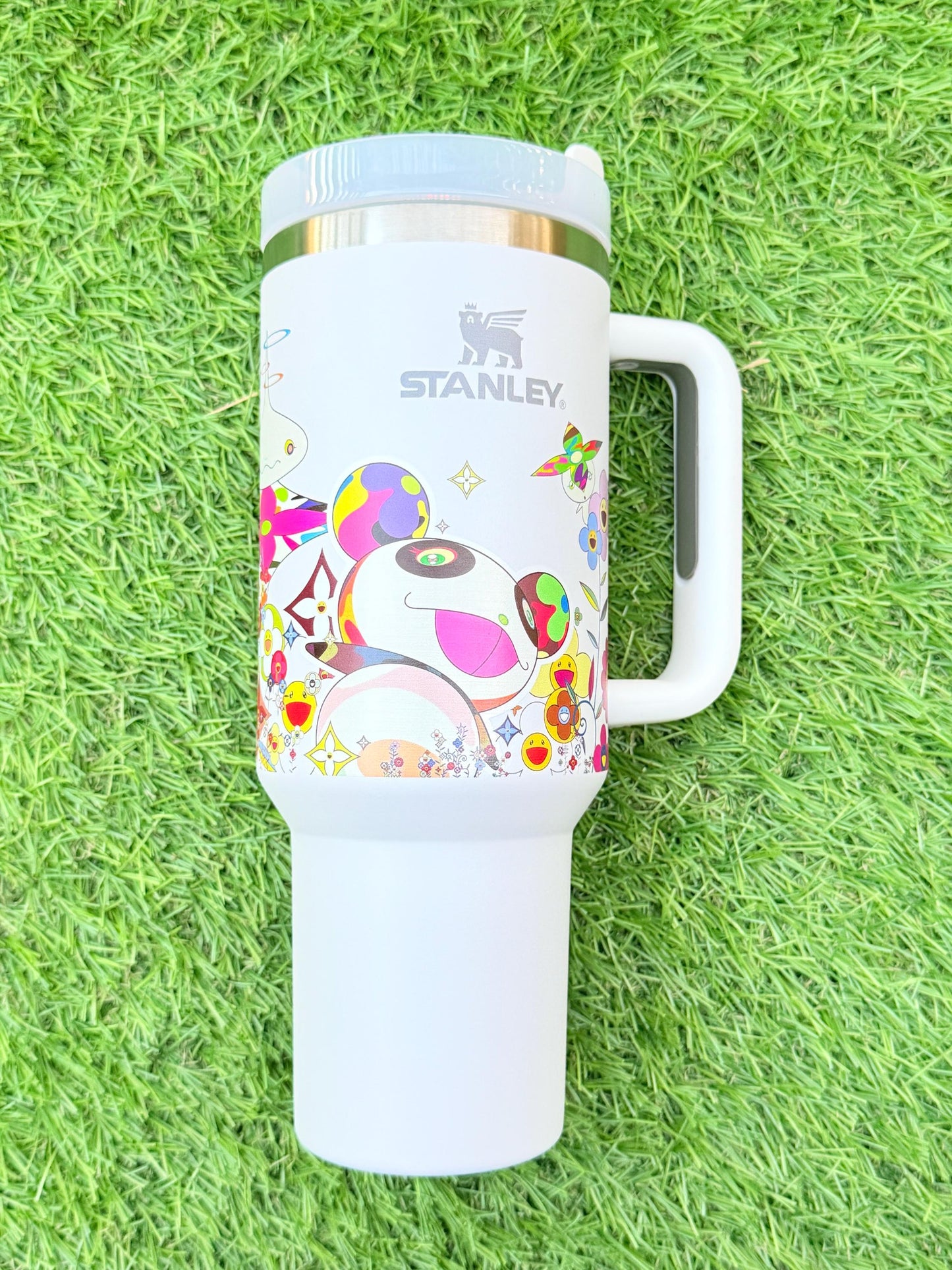 Takashi Murakami Floral Stanley Custom Tumbler 40oz – Limited Edition White Quencher Cup, Colorful Flowers Art Travel Mug