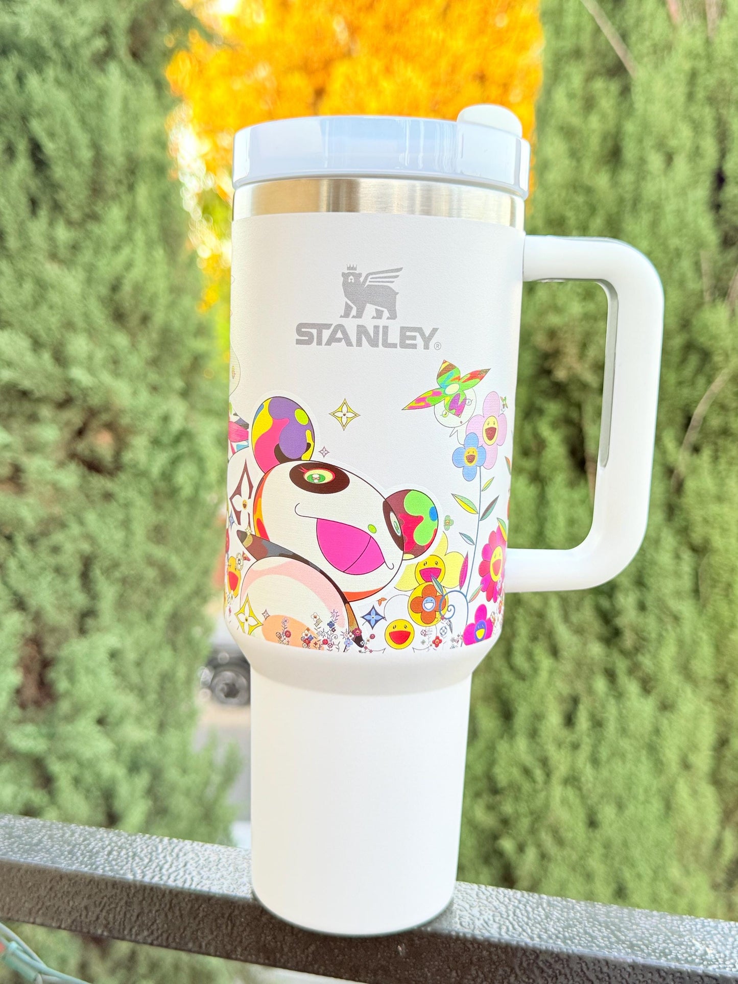Takashi Murakami Floral Stanley Custom Tumbler 40oz – Limited Edition White Quencher Cup, Colorful Flowers Art Travel Mug