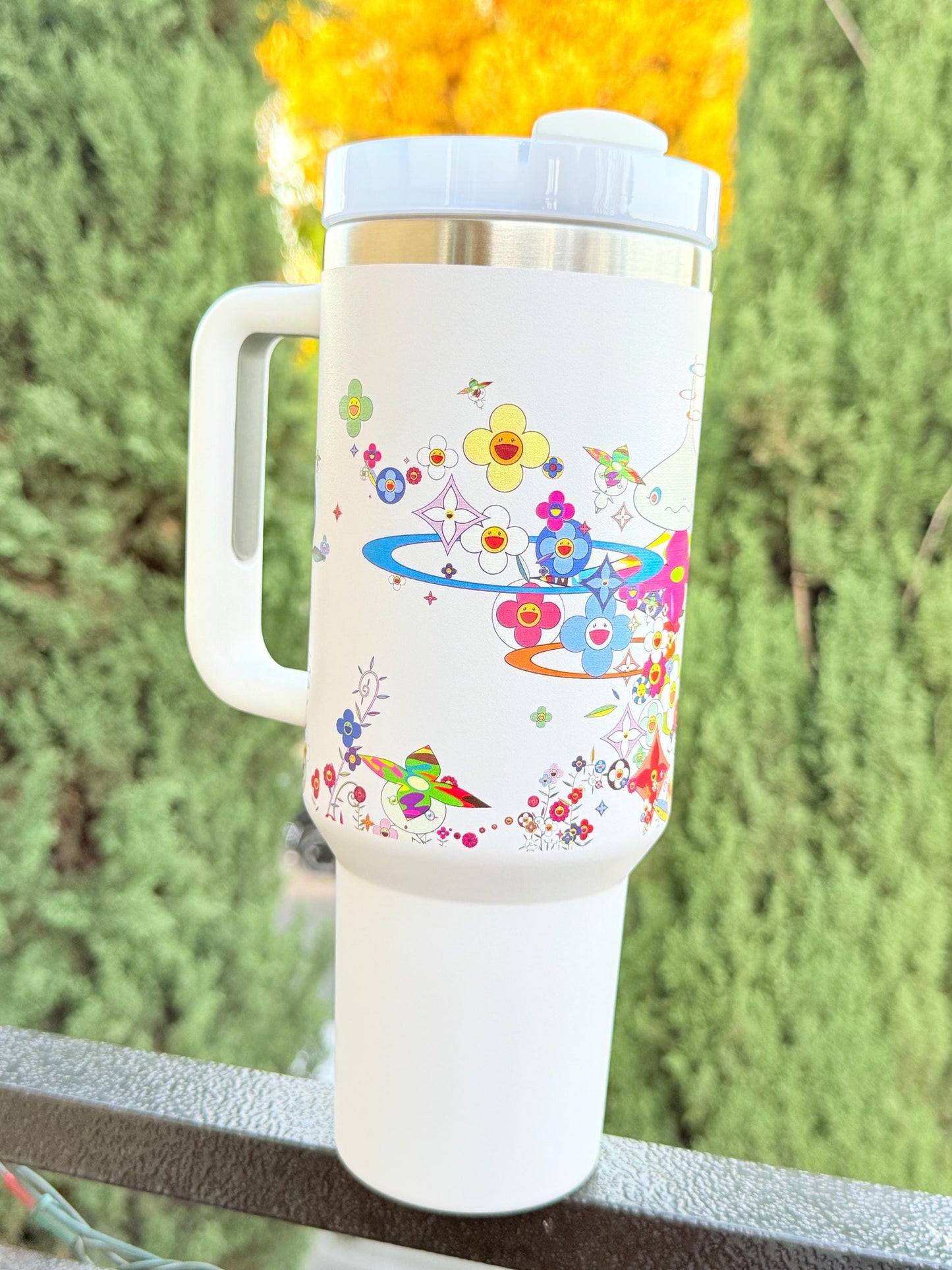 Takashi Murakami Floral Stanley Custom Tumbler 40oz – Limited Edition White Quencher Cup, Colorful Flowers Art Travel Mug