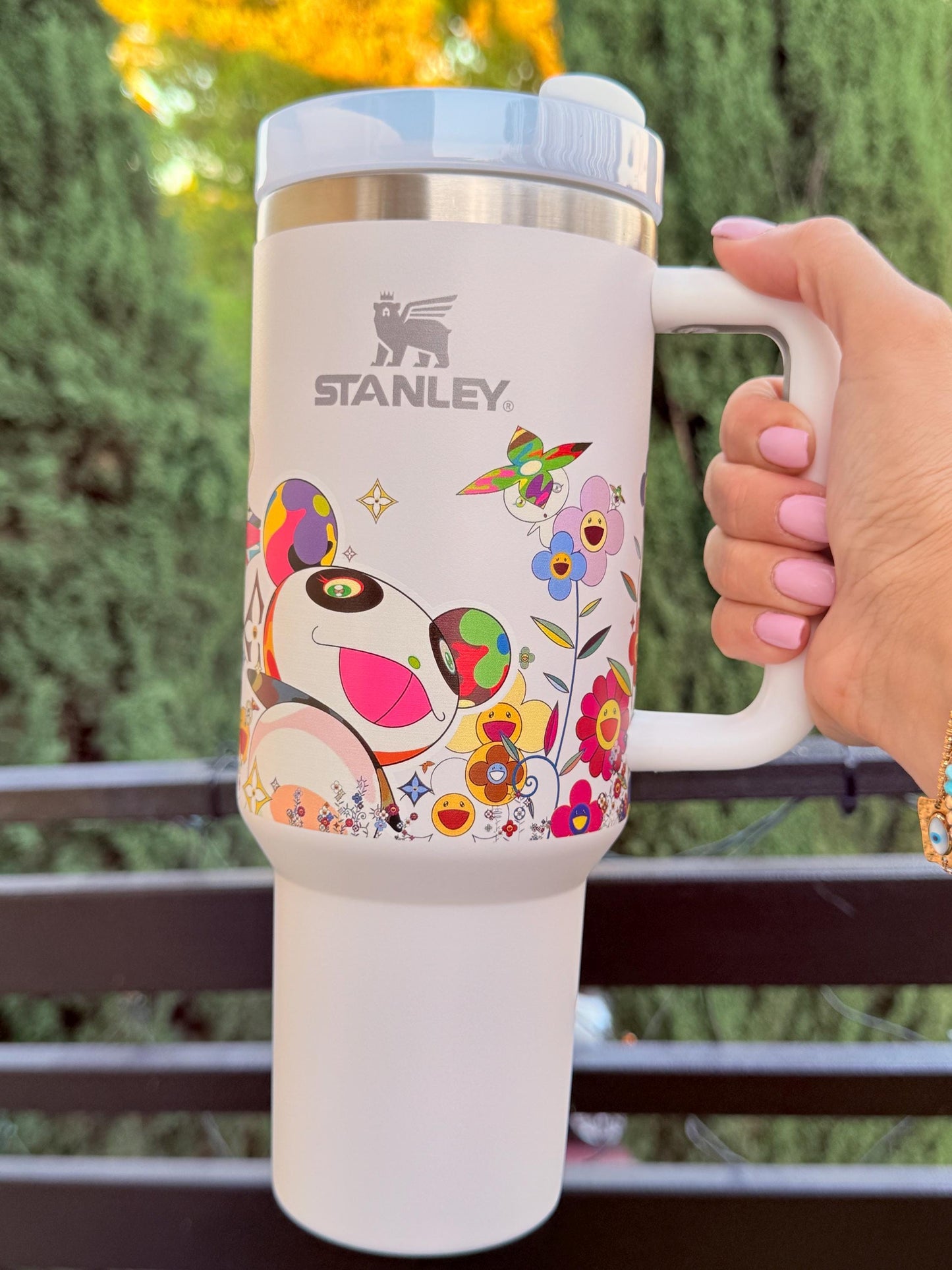 Takashi Murakami Floral Stanley Custom Tumbler 40oz – Limited Edition White Quencher Cup, Colorful Flowers Art Travel Mug