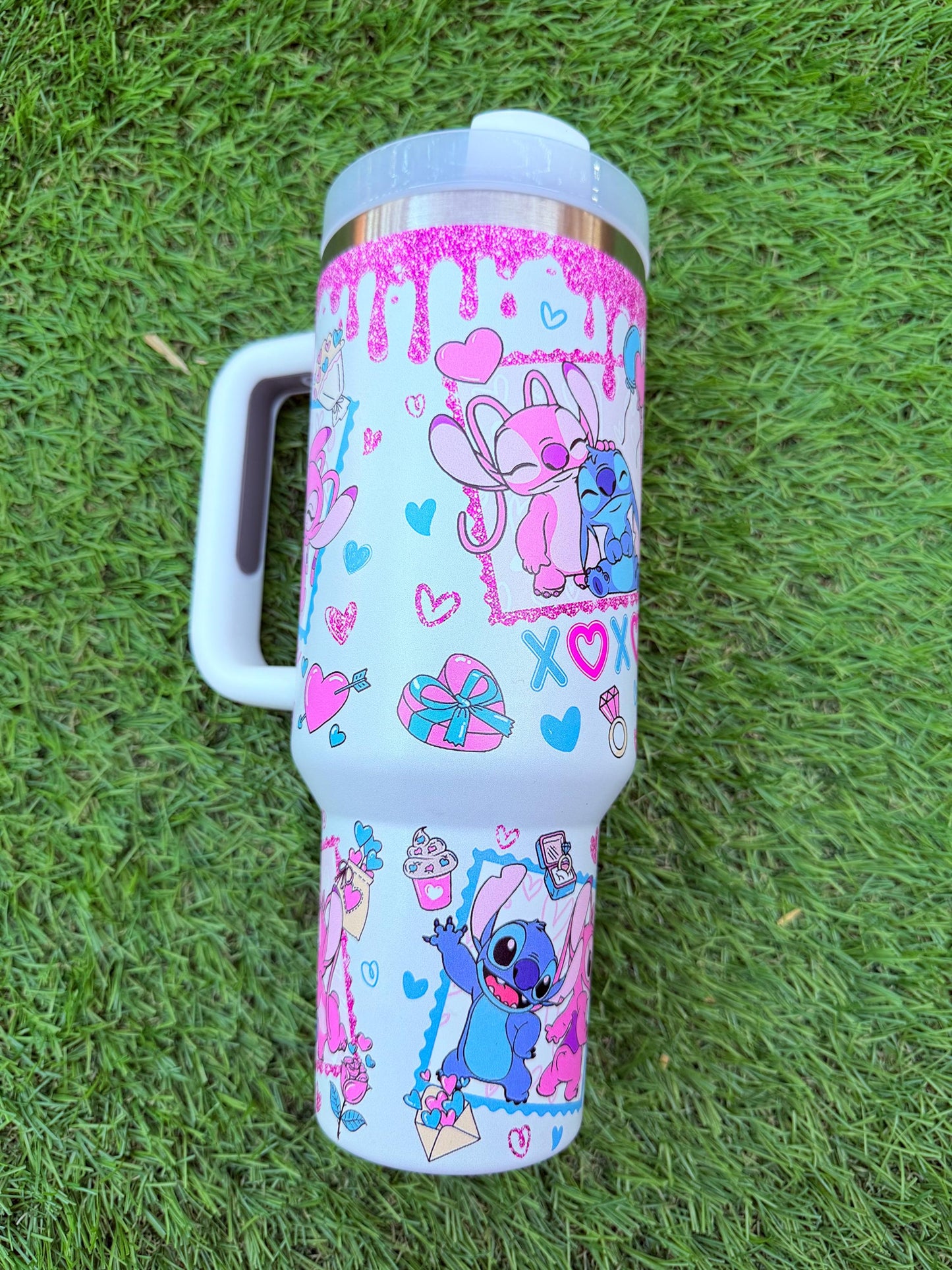 Stitch & Angel Custon Tumbler 40oz | Pink Glitter Love Cup | Cute Couple Mug | Romantic Gift