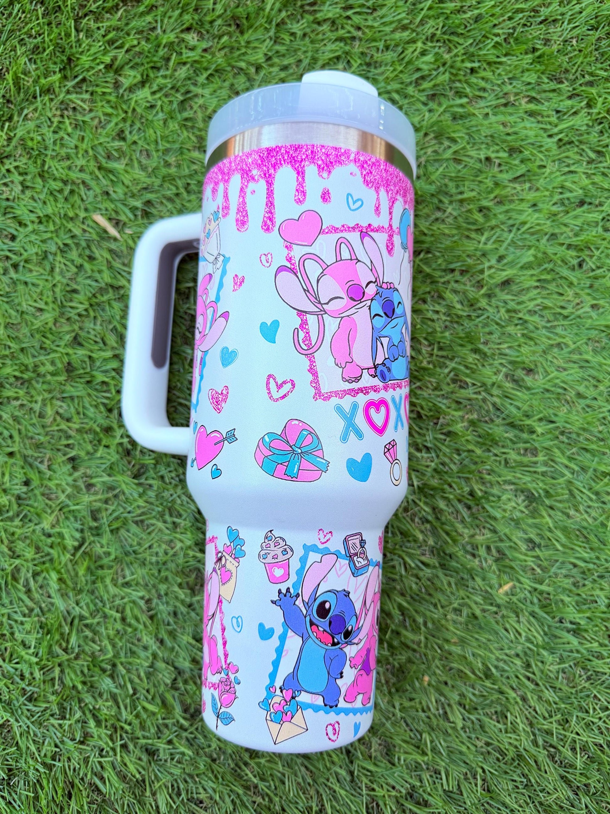 Stitch & Angel Custon Tumbler 40oz | Pink Glitter Love Cup | Cute Couple Mug | Romantic Gift