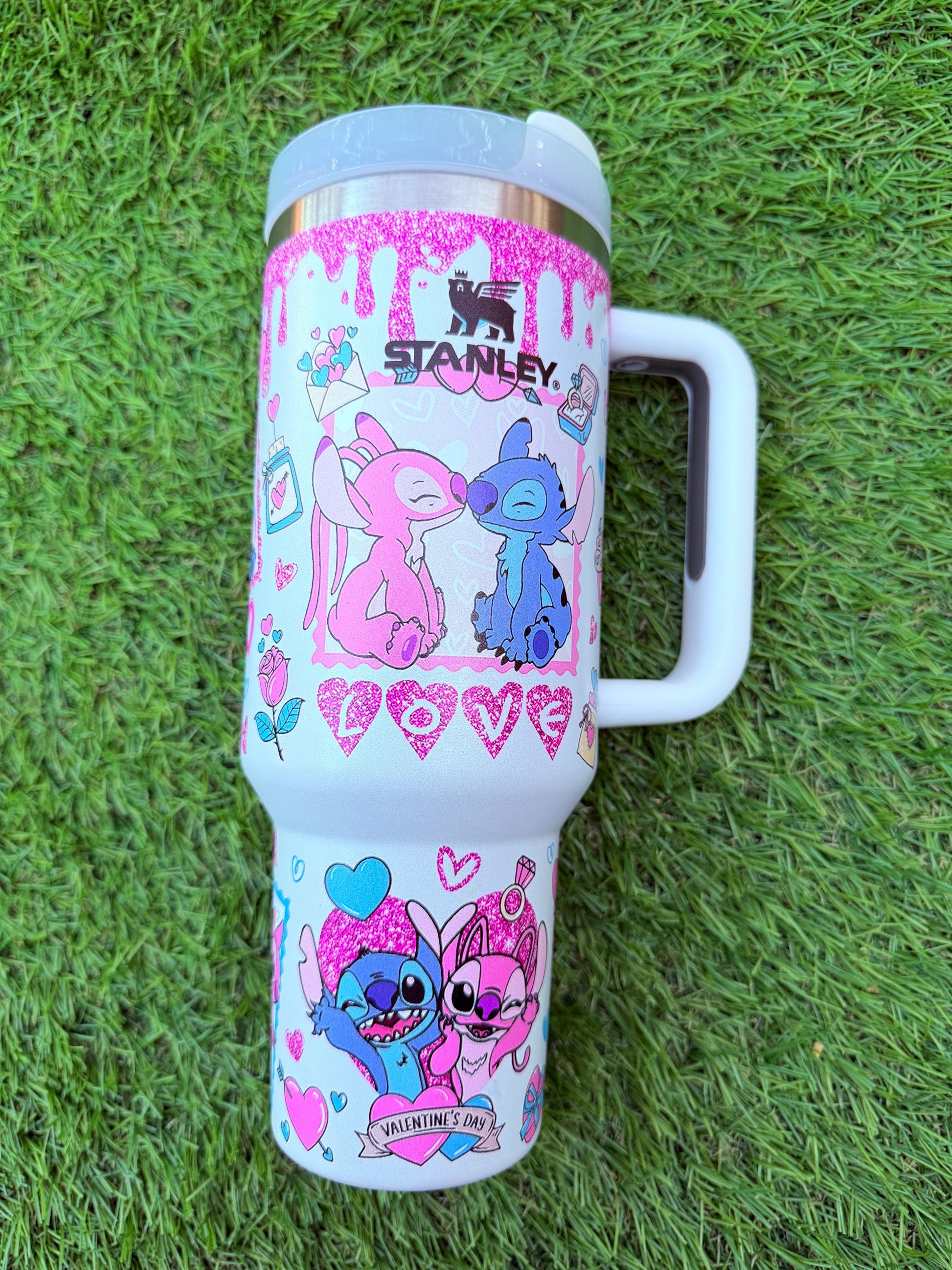 Stitch & Angel Custon Tumbler 40oz | Pink Glitter Love Cup | Cute Couple Mug | Romantic Gift