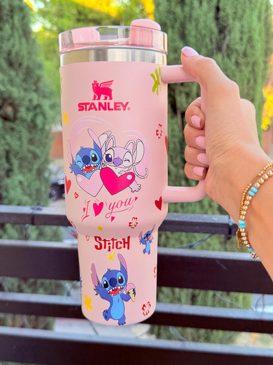 Stitch and Angel Custom Cup 40oz – Pink Tumbler with Handle | Cute Love Mug | Valentine’s Day, Anniversary or Birthday Gift