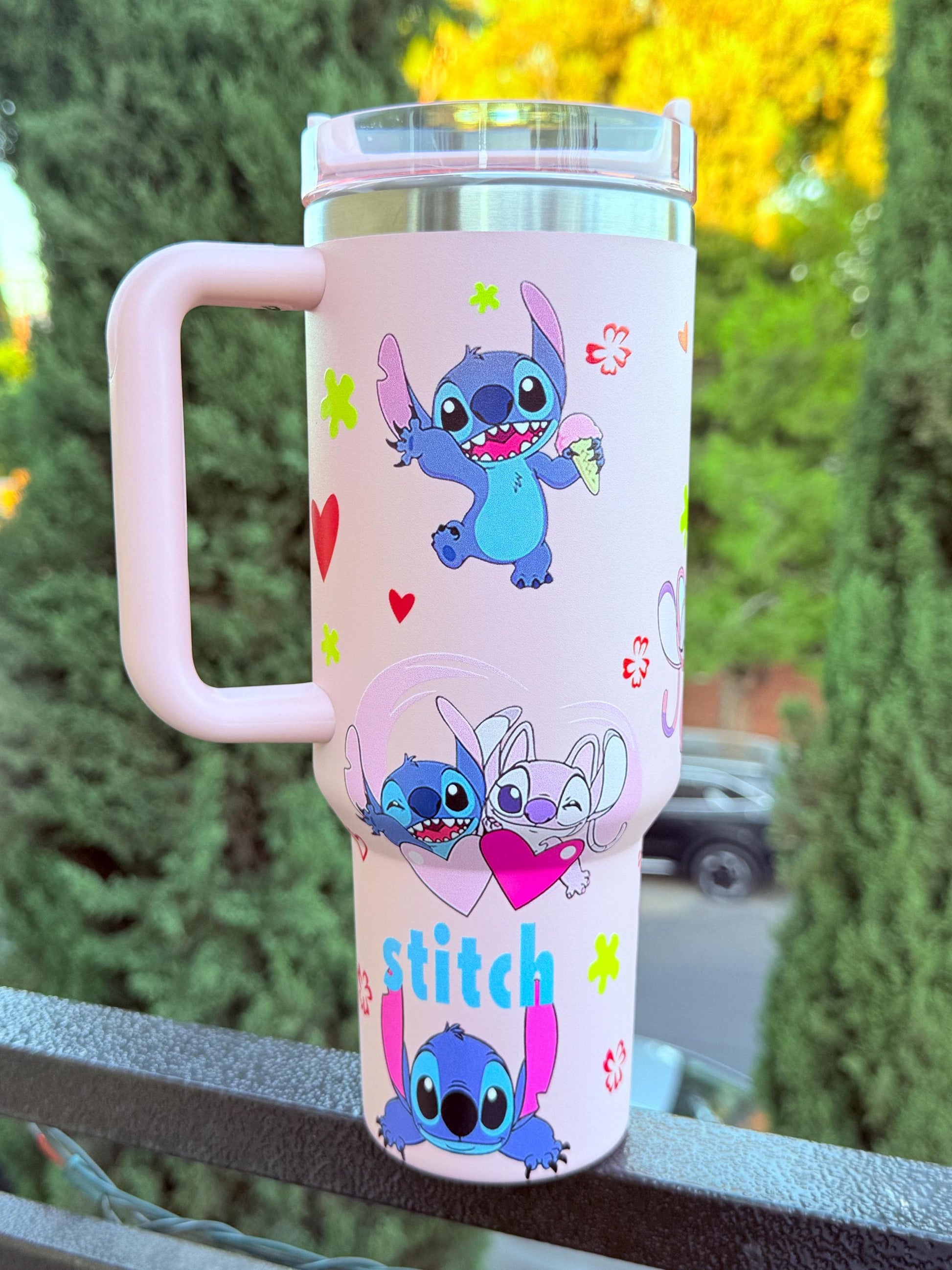 Stitch and Angel Custom Cup 40oz – Pink Tumbler with Handle | Cute Love Mug | Valentine’s Day, Anniversary or Birthday Gift