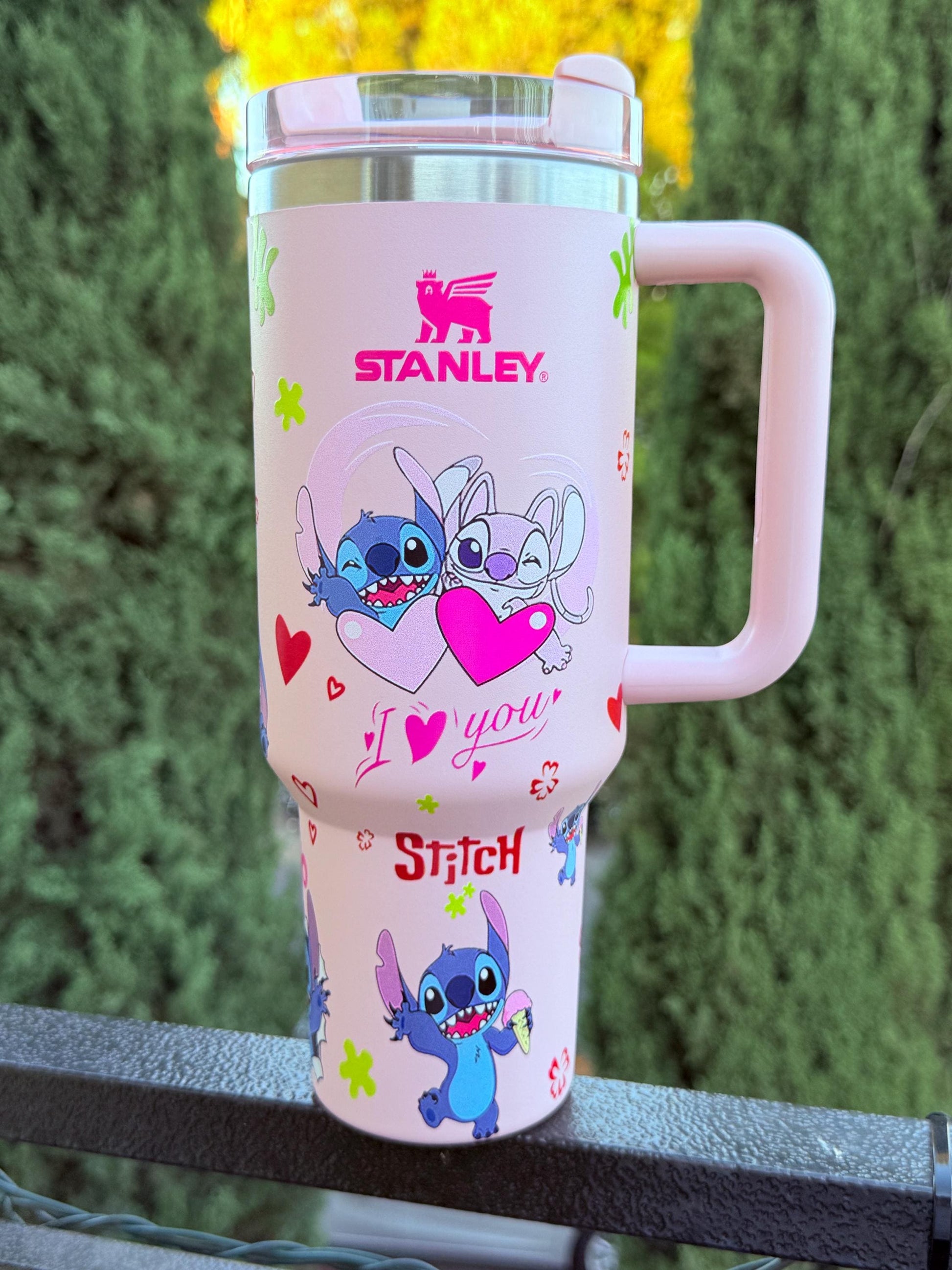 Stitch and Angel Custom Cup 40oz – Pink Tumbler with Handle | Cute Love Mug | Valentine’s Day, Anniversary or Birthday Gift