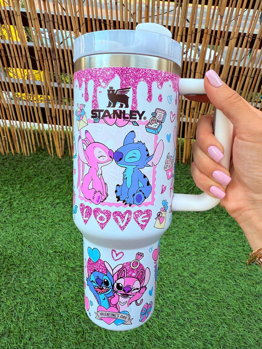 Stitch & Angel Custon Tumbler 40oz | Pink Glitter Love Cup | Cute Couple Mug | Romantic Gift