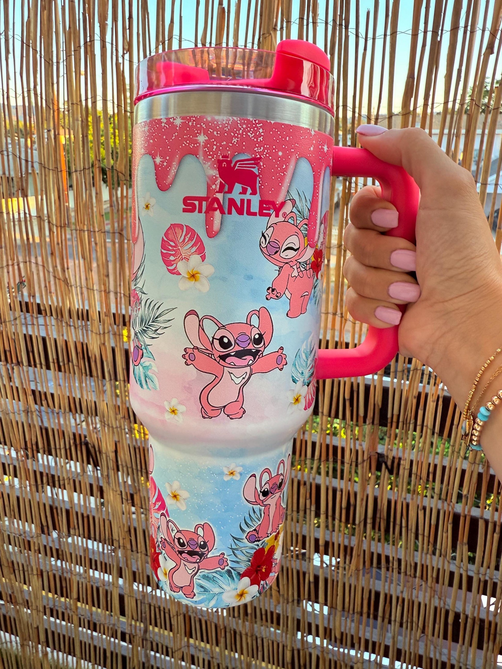 Pink Angel Stitch Custom Tumbler 40oz | Hawaiian Summer Cup | Cute Disney Angel Mug | Custom Coffee Tumbler Gift