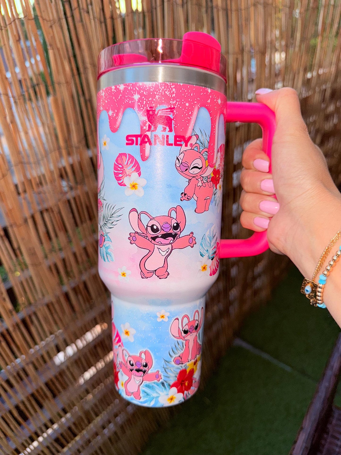 Pink Angel Stitch Custom Tumbler 40oz | Hawaiian Summer Cup | Cute Disney Angel Mug | Custom Coffee Tumbler Gift