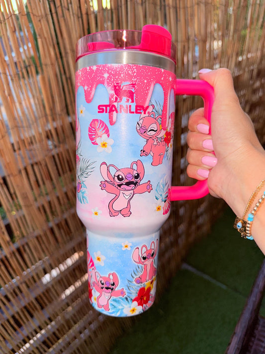 Pink Angel Stitch Custom Tumbler 40oz | Hawaiian Summer Cup | Cute Disney Angel Mug | Custom Coffee Tumbler Gift