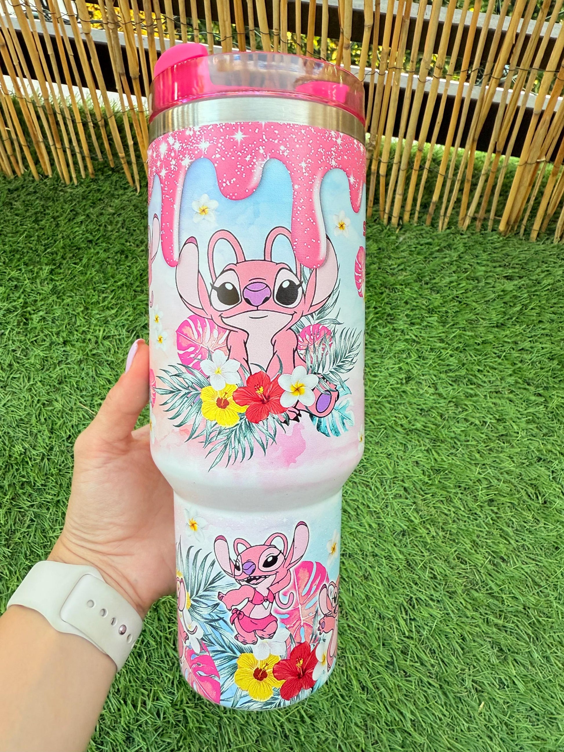 Pink Angel Stitch Custom Tumbler 40oz | Hawaiian Summer Cup | Cute Disney Angel Mug | Custom Coffee Tumbler Gift